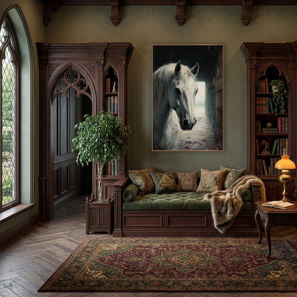 Stable Hallway Gray Horse Moody wall art in a moody dark academia room – white horse with long pale mane facing