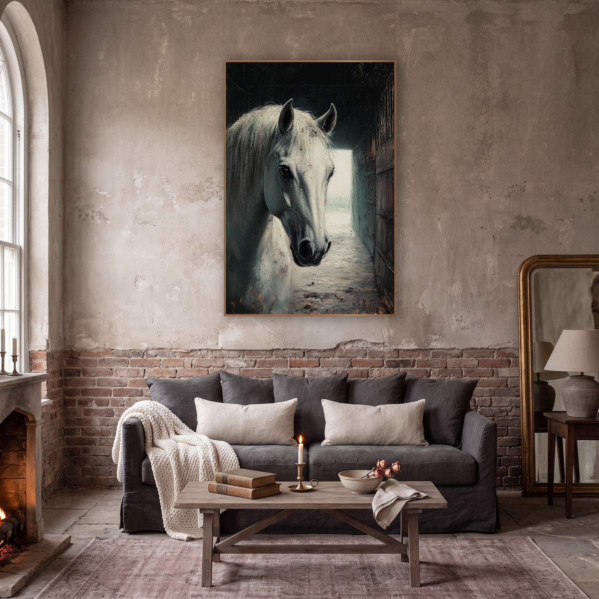 Stable Hallway Gray Horse Moody wall art in a moody dark academia room – white horse with long pale mane facing