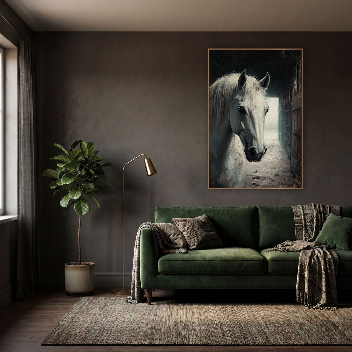 Stable Hallway Gray Horse Moody wall art in a moody dark academia room – white horse with long pale mane facing