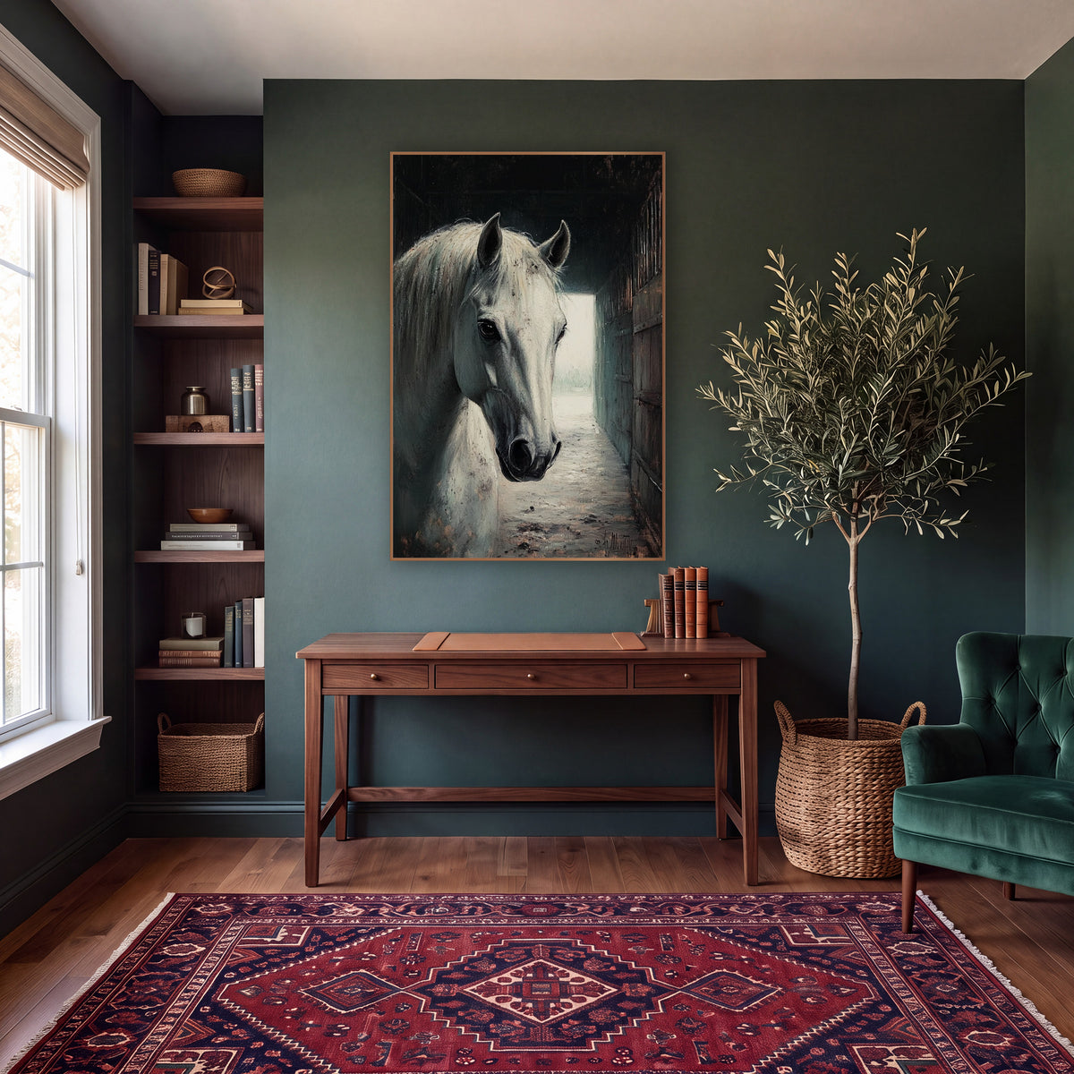 Stable Hallway Gray Horse Moody wall art in a moody dark academia room – white horse with long pale mane facing