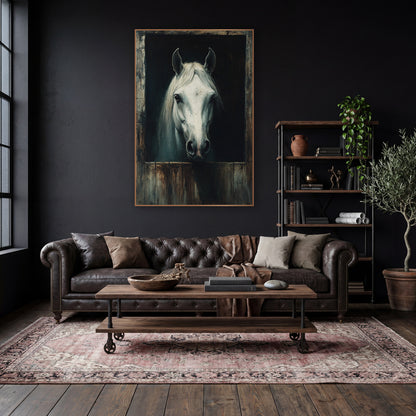 White Horse Stable Door Portrait wall art in a moody dark academia room – white horse looking out from a dark stable
