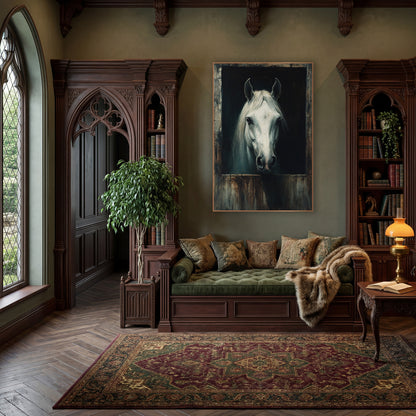 White Horse Stable Door Portrait wall art in a moody dark academia room – white horse looking out from a dark stable
