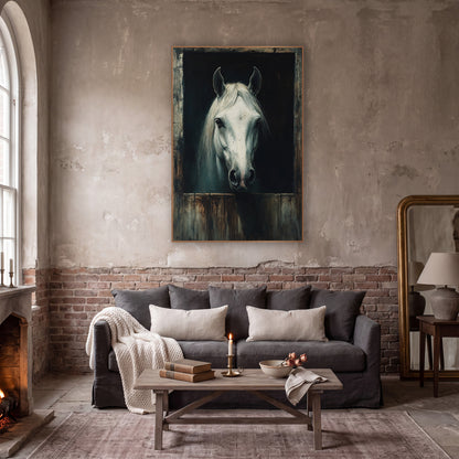 White Horse Stable Door Portrait wall art in a moody dark academia room – white horse looking out from a dark stable