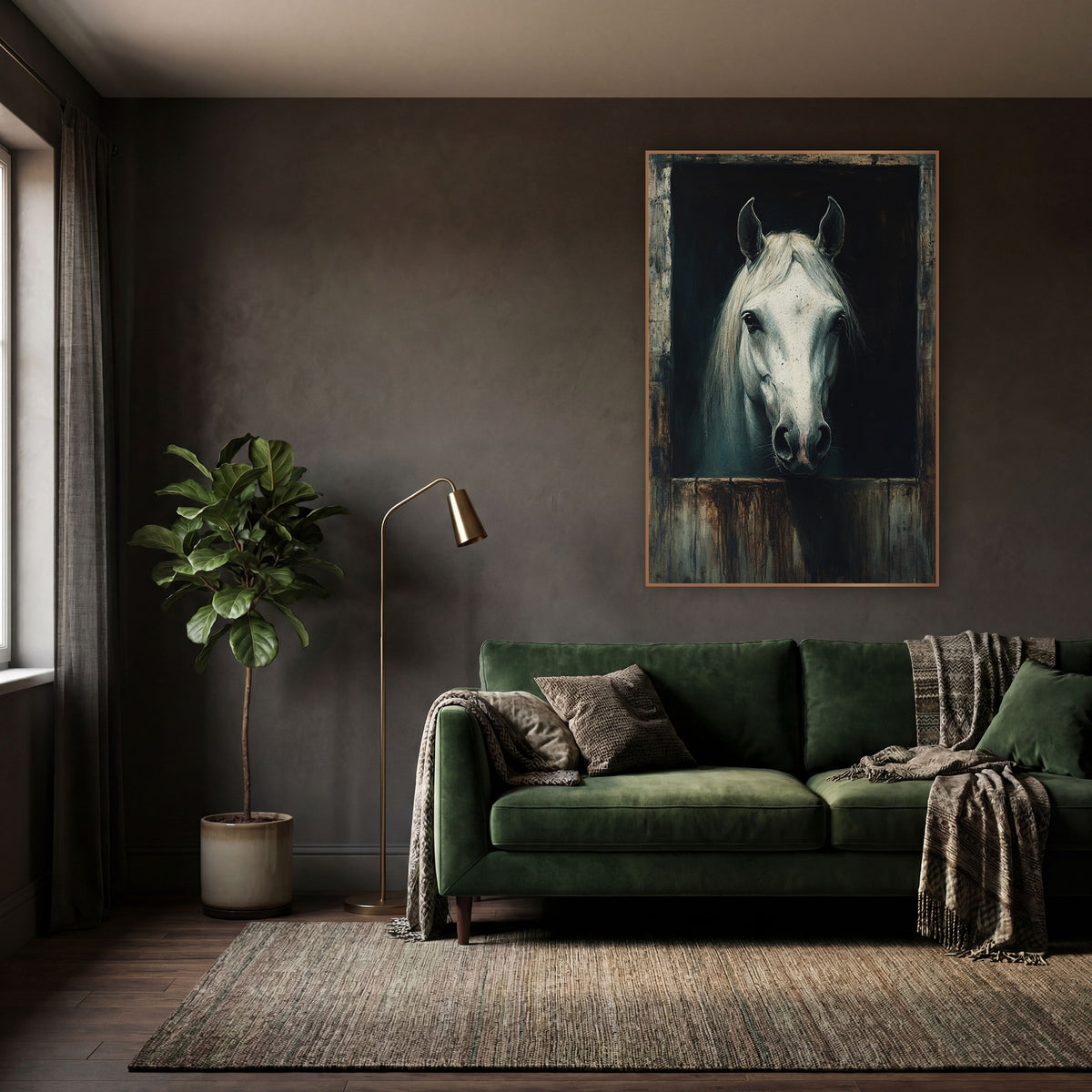 White Horse Stable Door Portrait wall art in a moody dark academia room – white horse looking out from a dark stable