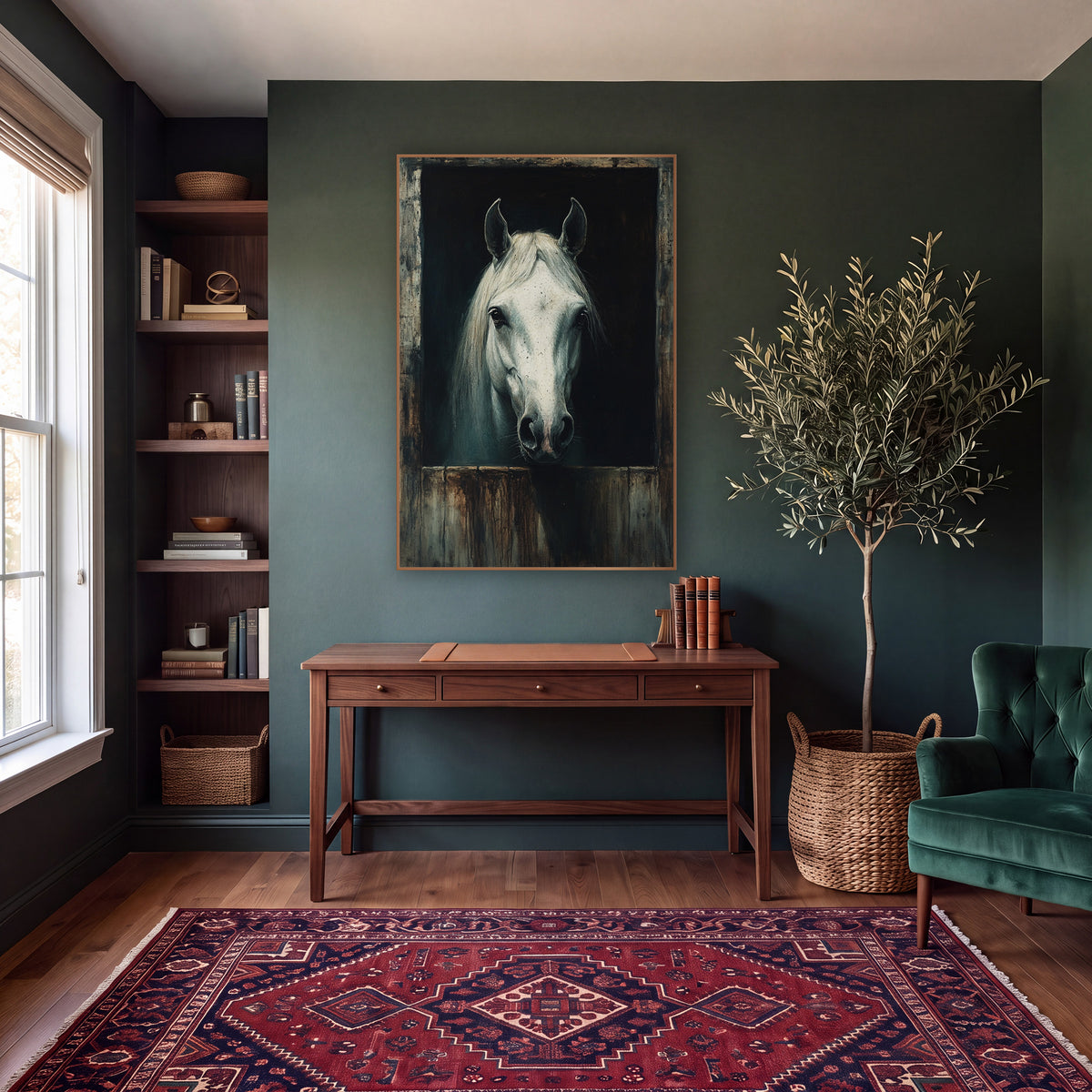 White Horse Stable Door Portrait wall art in a moody dark academia room – white horse looking out from a dark stable