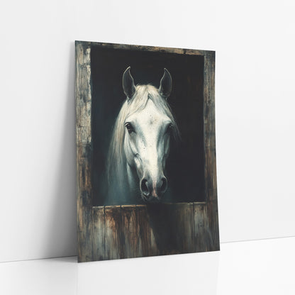 White Horse Stable Door Portrait art print leaning against a white wall – white horse looking out from a dark stable opening