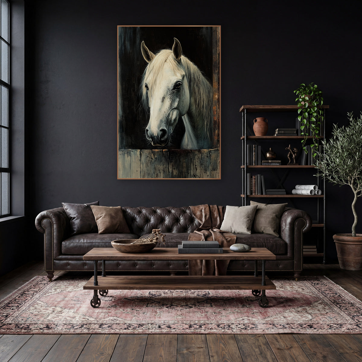 Stall Door White Horse Rustic wall art in a moody dark academia room – white horse with cream mane looking out