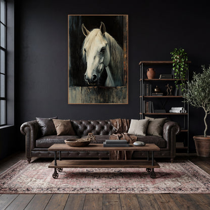 Stall Door White Horse Rustic wall art in a moody dark academia room – white horse with cream mane looking out