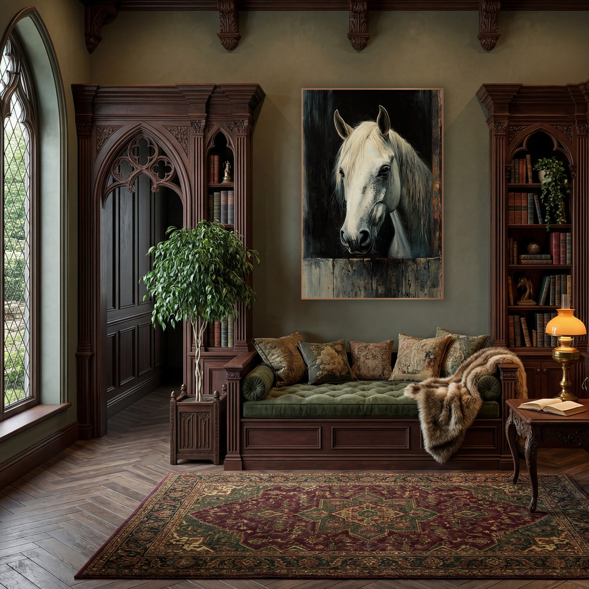 Stall Door White Horse Rustic wall art in a moody dark academia room – white horse with cream mane looking out