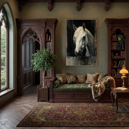 Stall Door White Horse Rustic wall art in a moody dark academia room – white horse with cream mane looking out