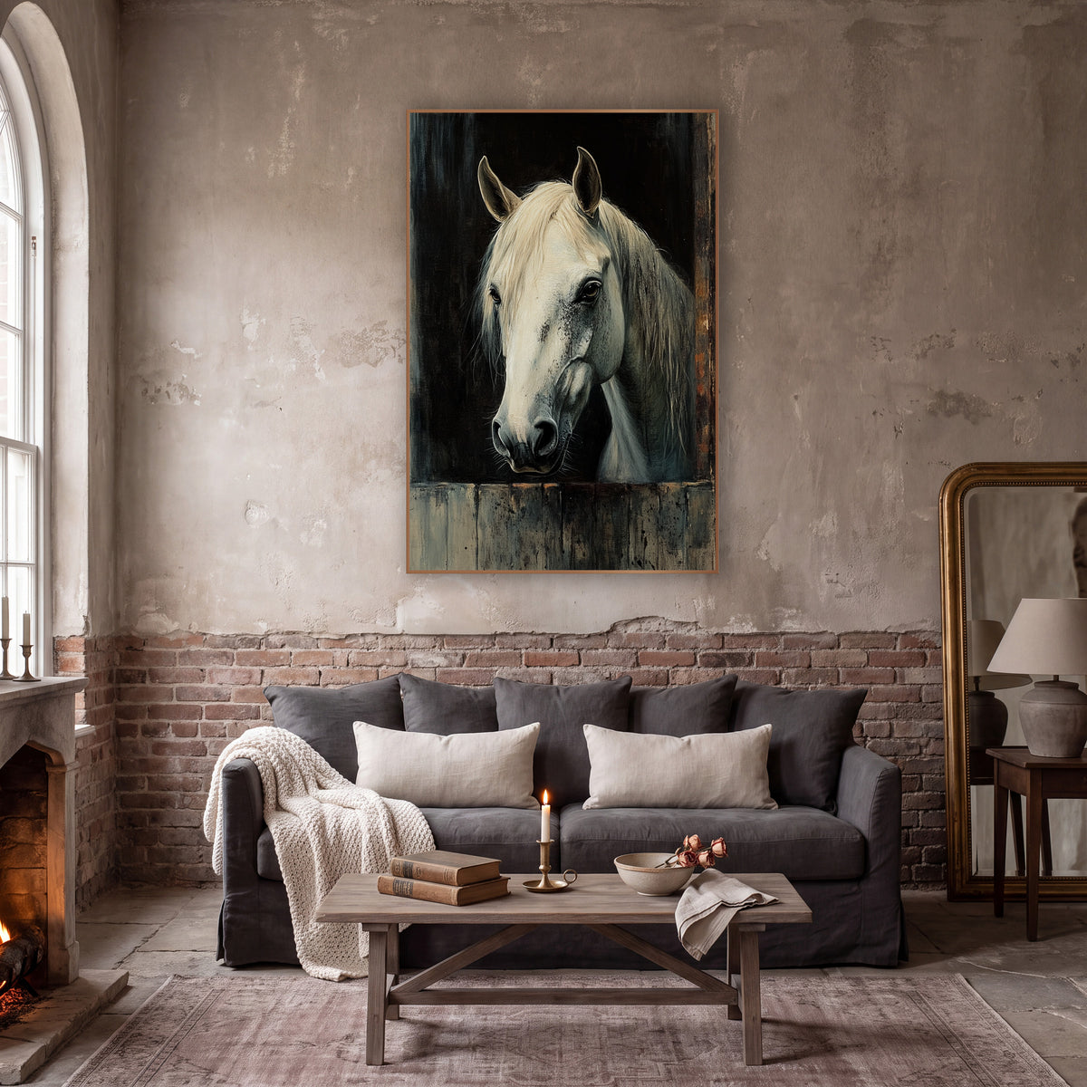 Stall Door White Horse Rustic wall art in a moody dark academia room – white horse with cream mane looking out