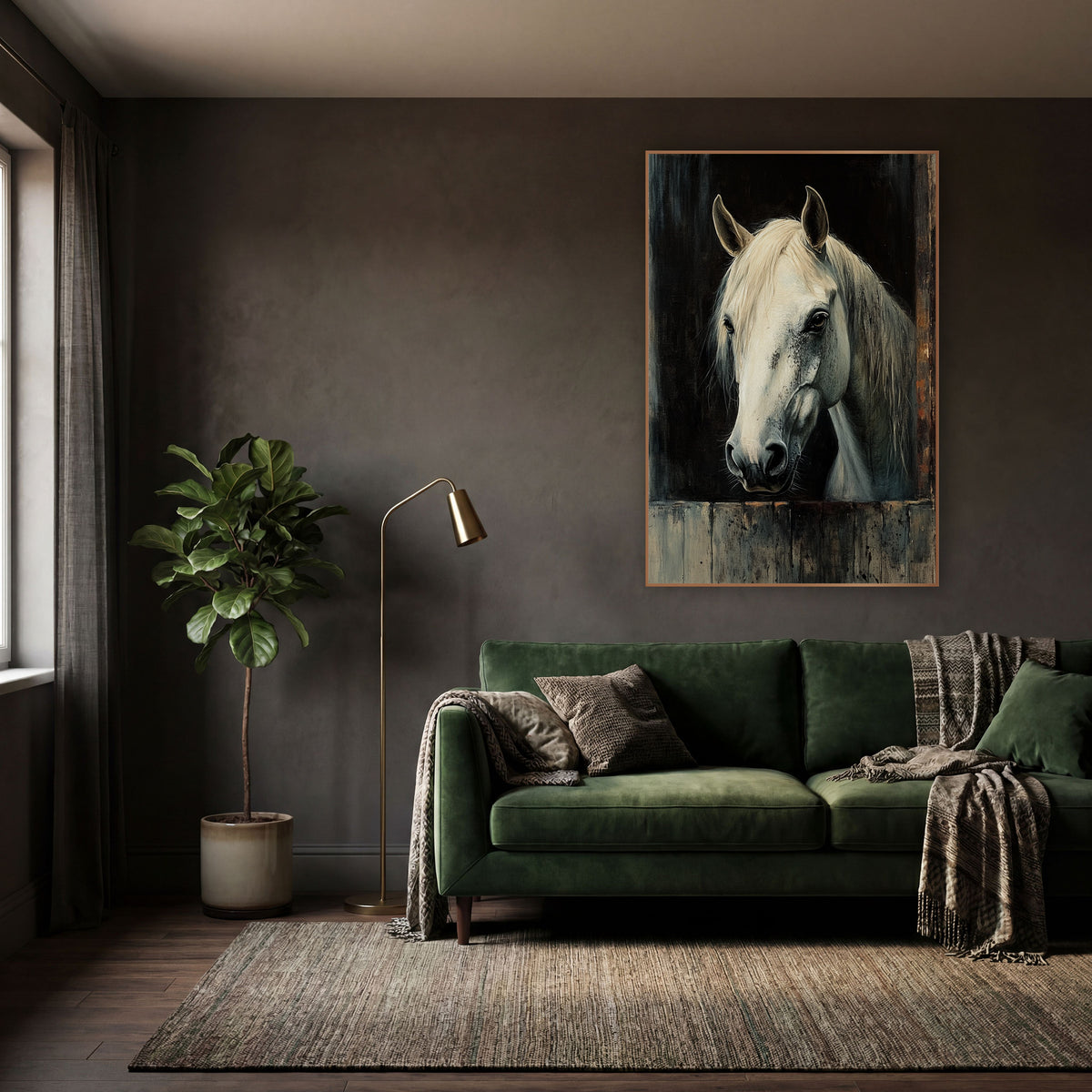 Stall Door White Horse Rustic wall art in a moody dark academia room – white horse with cream mane looking out