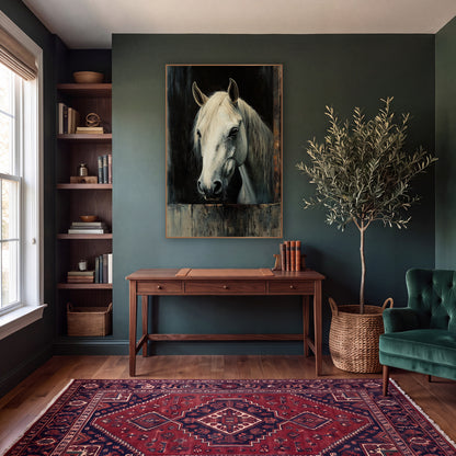 Stall Door White Horse Rustic wall art in a moody dark academia room – white horse with cream mane looking out
