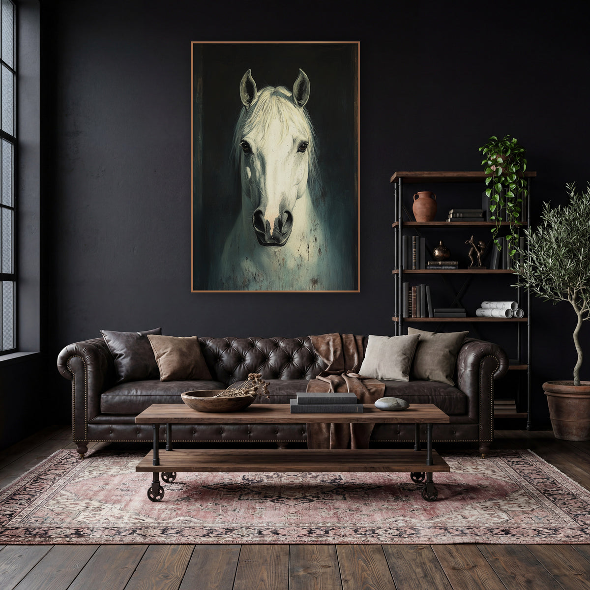 Moody White Horse Portrait Study wall art in a moody dark academia room – front-facing white horse portrait with pale