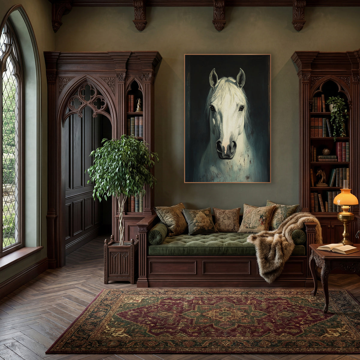 Moody White Horse Portrait Study wall art in a moody dark academia room – front-facing white horse portrait with pale