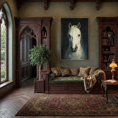Moody White Horse Portrait Study wall art in a moody dark academia room – front-facing white horse portrait with pale