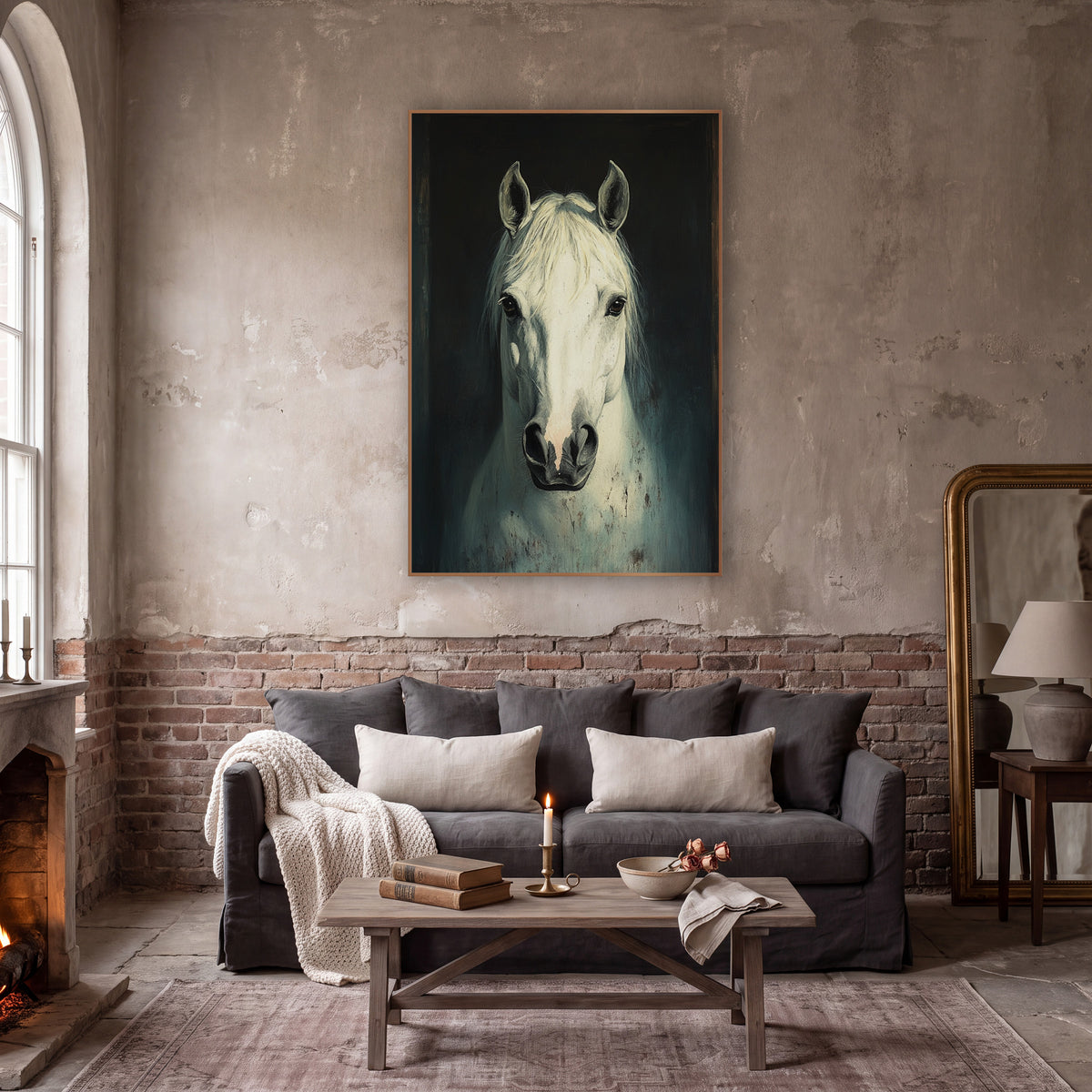 Moody White Horse Portrait Study wall art in a moody dark academia room – front-facing white horse portrait with pale