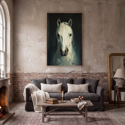 Moody White Horse Portrait Study wall art in a moody dark academia room – front-facing white horse portrait with pale