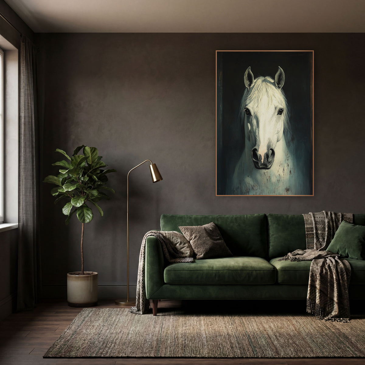 Moody White Horse Portrait Study wall art in a moody dark academia room – front-facing white horse portrait with pale