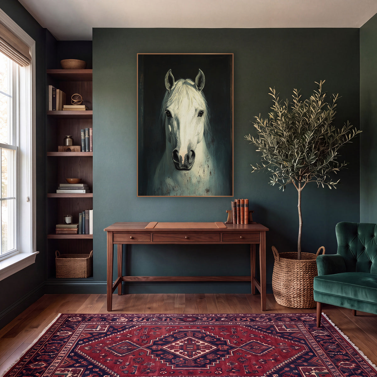 Moody White Horse Portrait Study wall art in a moody dark academia room – front-facing white horse portrait with pale