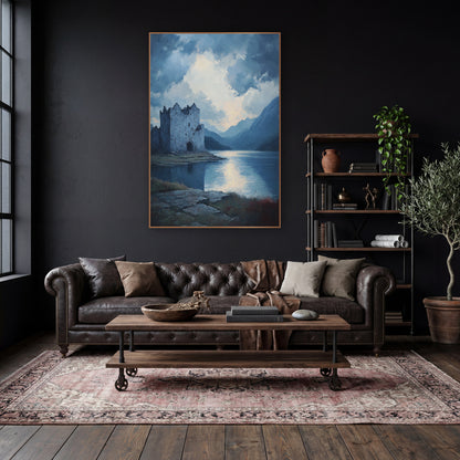 Ruined Castle Misty Lake Landscape wall art in a moody dark academia room – crumbling stone castle on a lake shore