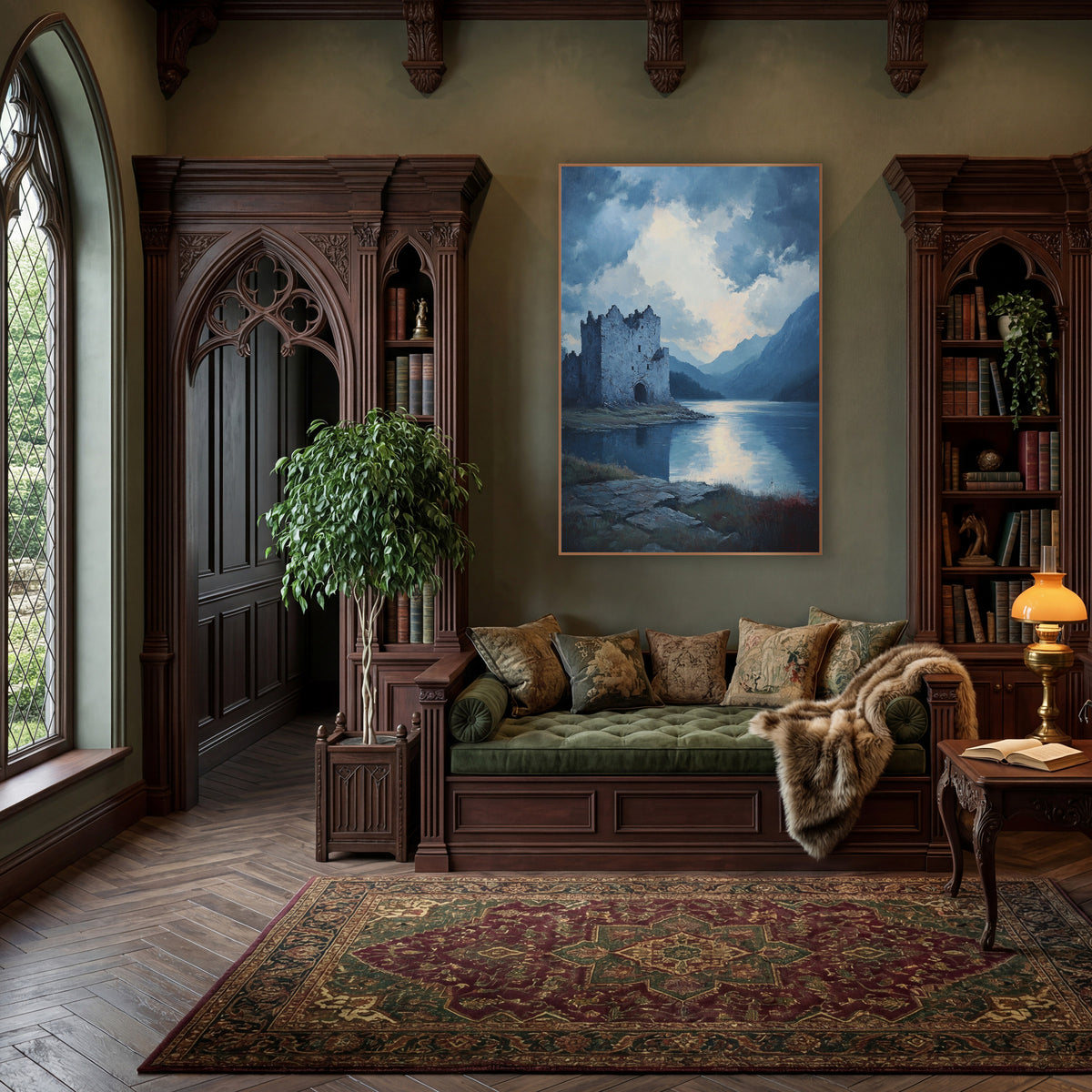 Ruined Castle Misty Lake Landscape wall art in a moody dark academia room – crumbling stone castle on a lake shore