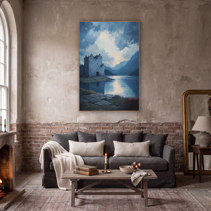 Ruined Castle Misty Lake Landscape wall art in a moody dark academia room – crumbling stone castle on a lake shore
