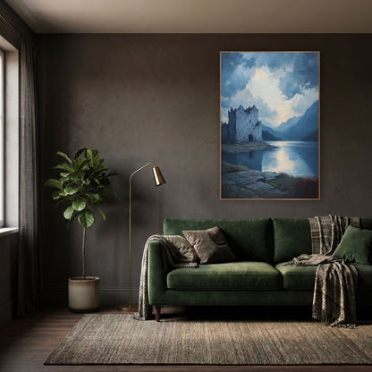 Ruined Castle Misty Lake Landscape wall art in a moody dark academia room – crumbling stone castle on a lake shore