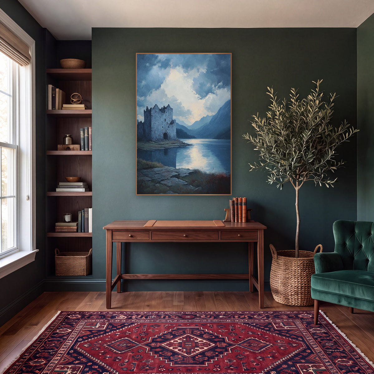Ruined Castle Misty Lake Landscape wall art in a moody dark academia room – crumbling stone castle on a lake shore
