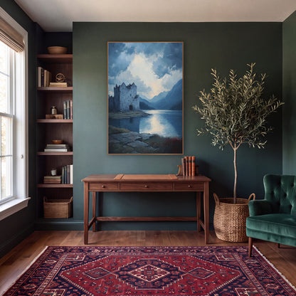 Ruined Castle Misty Lake Landscape wall art in a moody dark academia room – crumbling stone castle on a lake shore