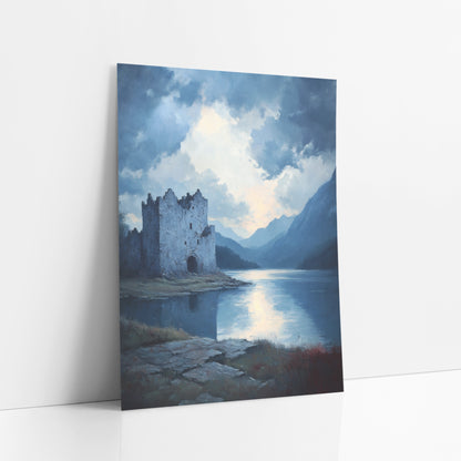Ruined Castle Misty Lake Landscape art print leaning against a white wall – crumbling stone castle on a lake shore