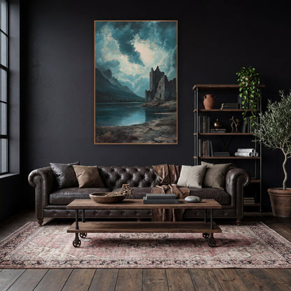 Teal Storm Castle Ruin Landscape wall art in a moody dark academia room – crumbling stone castle on a rocky shore