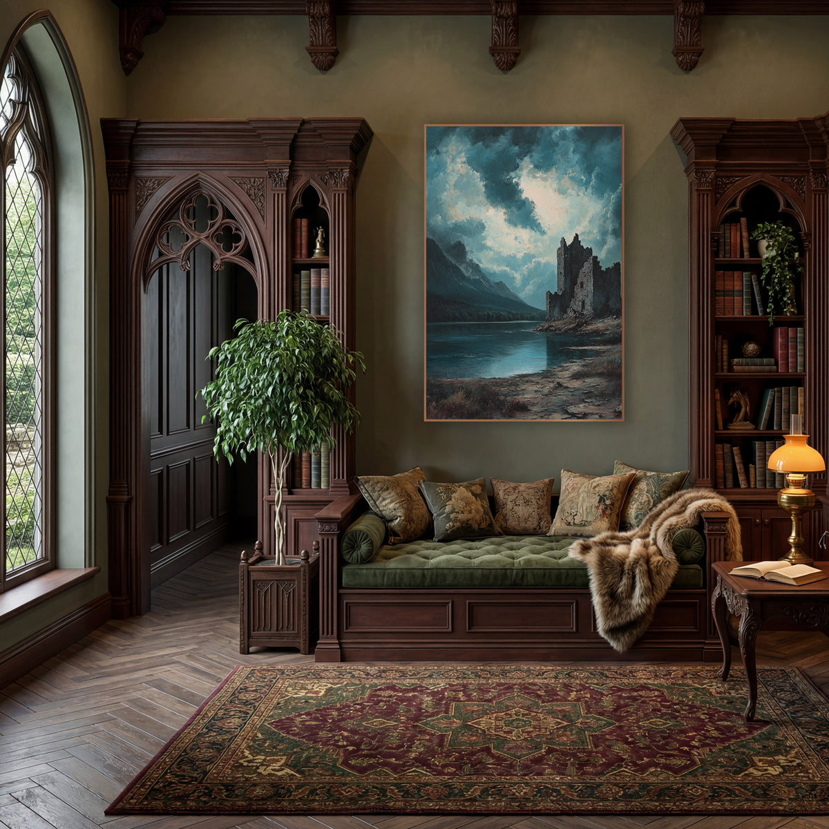 Teal Storm Castle Ruin Landscape wall art in a moody dark academia room – crumbling stone castle on a rocky shore