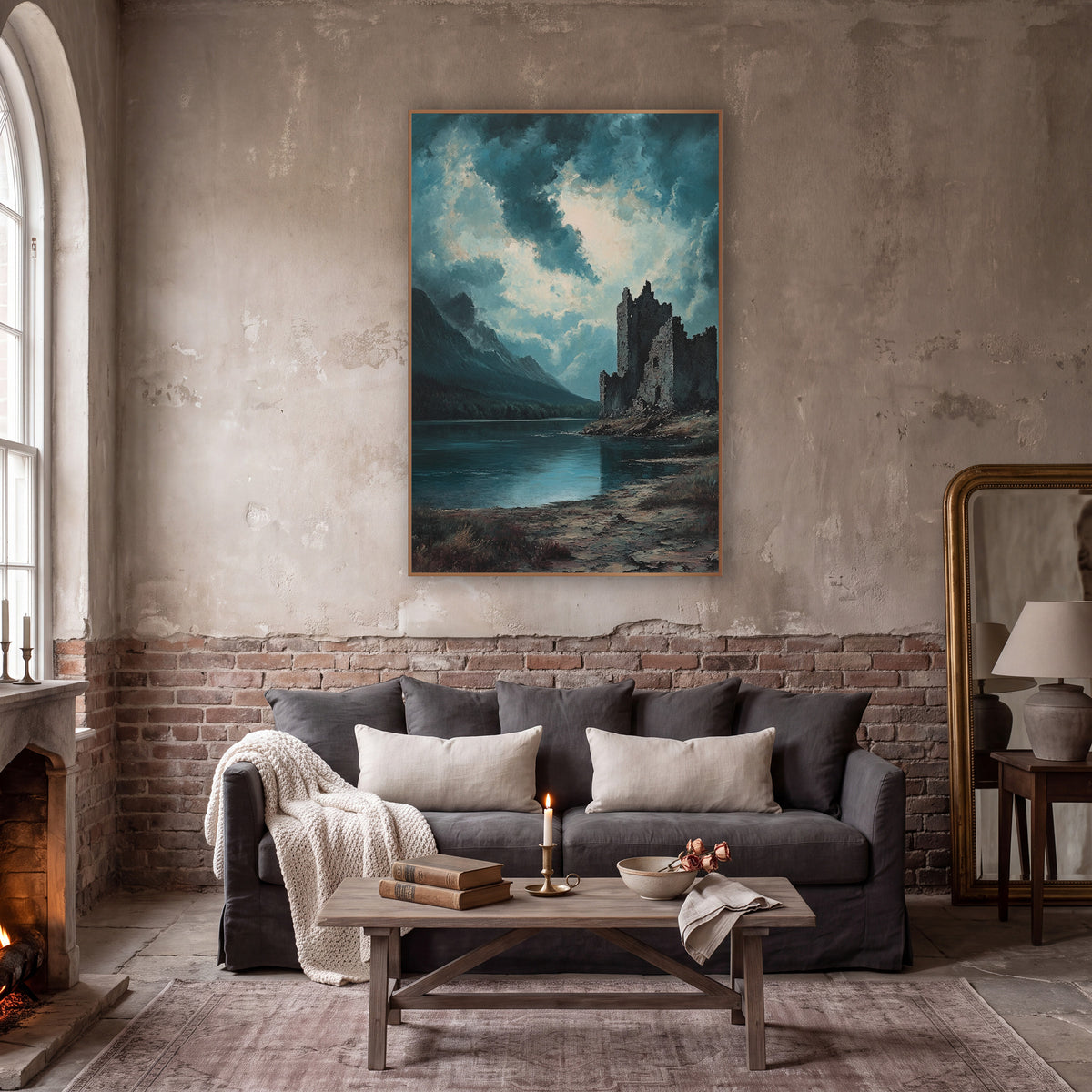 Teal Storm Castle Ruin Landscape wall art in a moody dark academia room – crumbling stone castle on a rocky shore