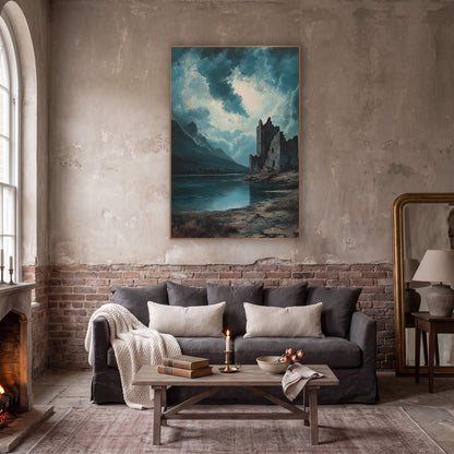 Teal Storm Castle Ruin Landscape wall art in a moody dark academia room – crumbling stone castle on a rocky shore