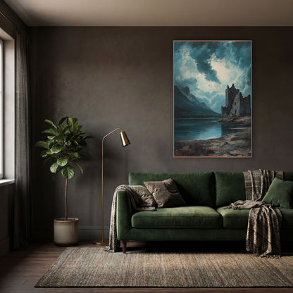 Teal Storm Castle Ruin Landscape wall art in a moody dark academia room – crumbling stone castle on a rocky shore