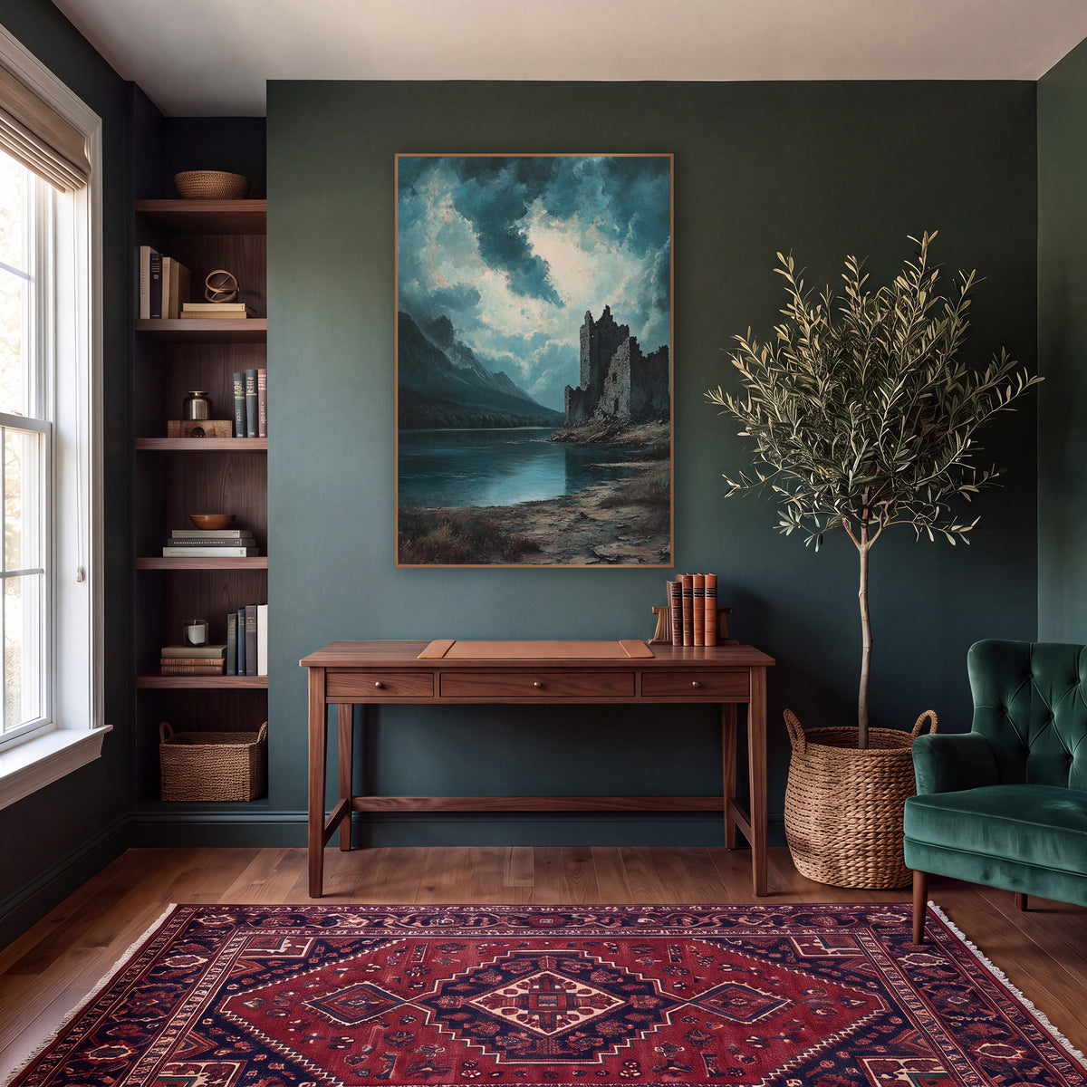 Teal Storm Castle Ruin Landscape wall art in a moody dark academia room – crumbling stone castle on a rocky shore