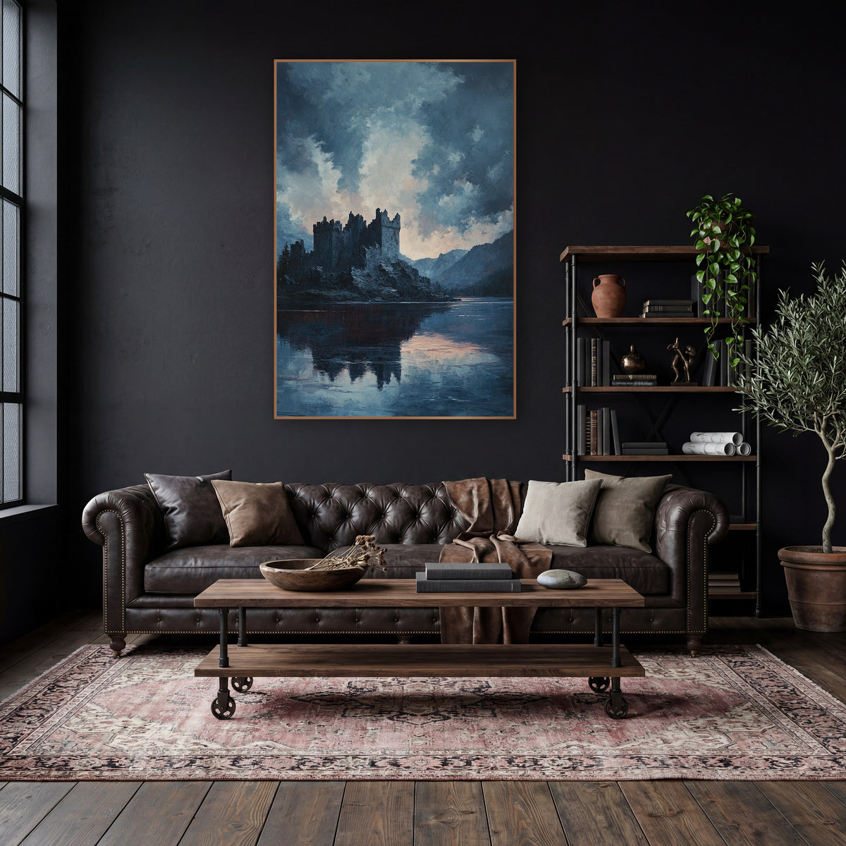 Moody Castle Lake Landscape Romantic wall art in a moody dark academia room – dark castle with battlements on a rocky