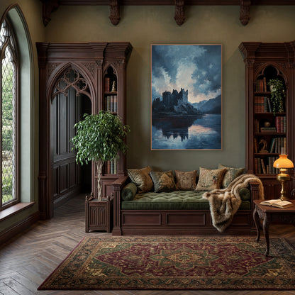Moody Castle Lake Landscape Romantic wall art in a moody dark academia room – dark castle with battlements on a rocky