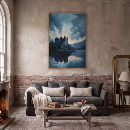 Moody Castle Lake Landscape Romantic wall art in a moody dark academia room – dark castle with battlements on a rocky