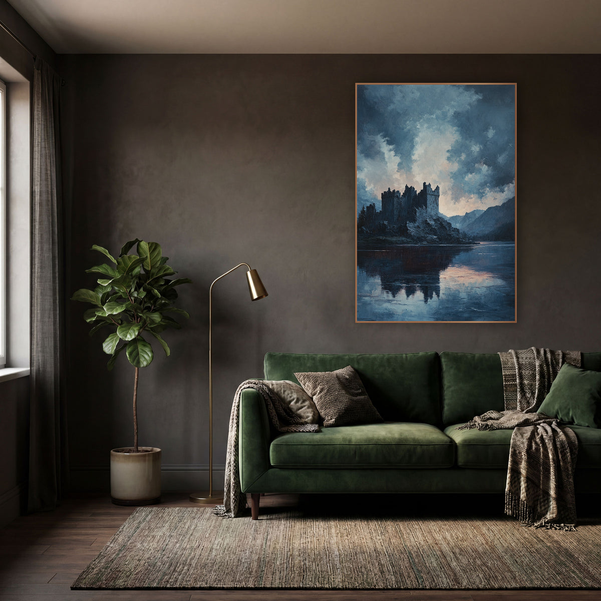 Moody Castle Lake Landscape Romantic wall art in a moody dark academia room – dark castle with battlements on a rocky