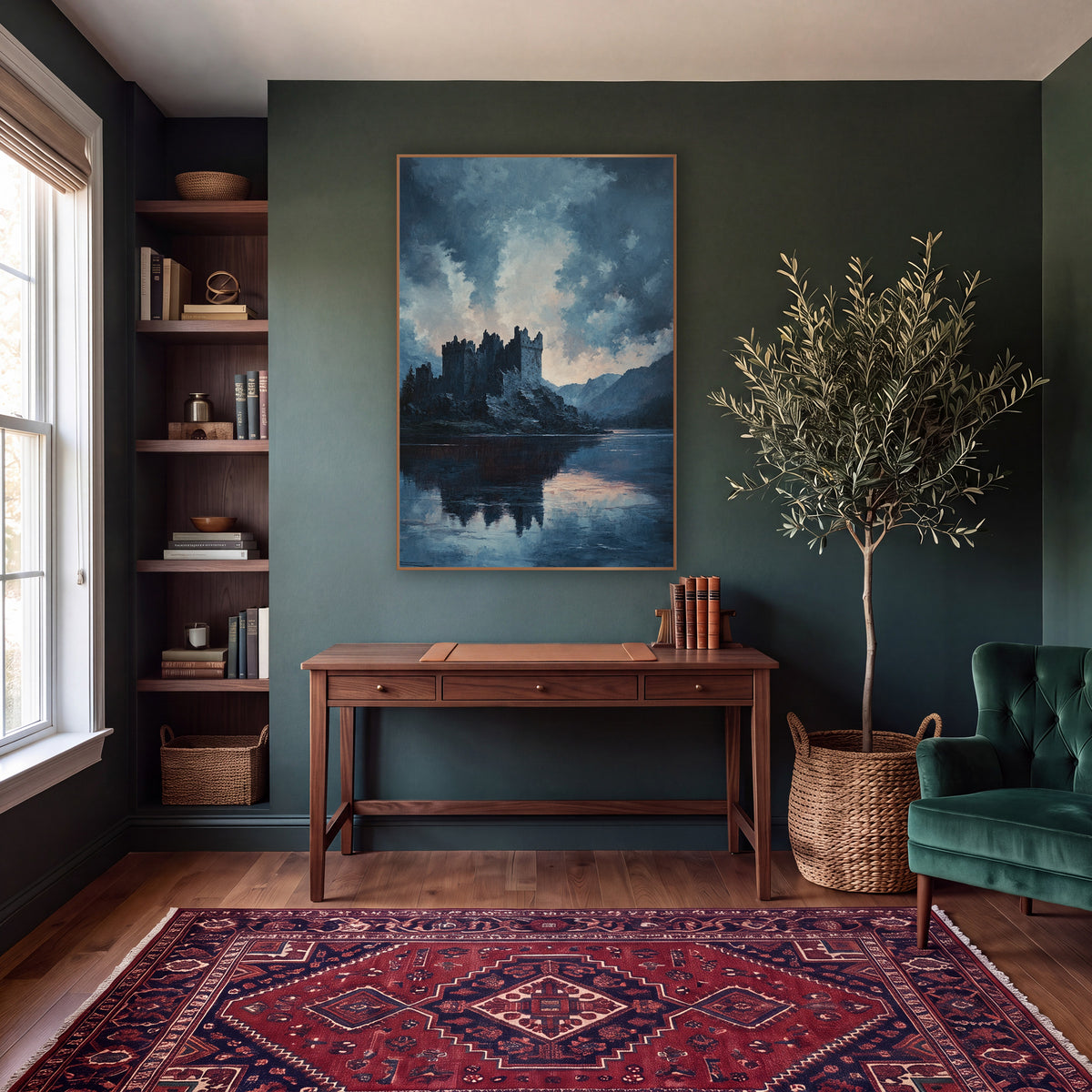 Moody Castle Lake Landscape Romantic wall art in a moody dark academia room – dark castle with battlements on a rocky