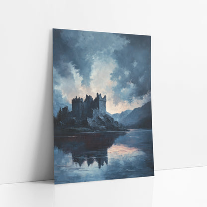 Moody Castle Lake Landscape Romantic art print leaning against a white wall – dark castle with battlements on a rocky lake