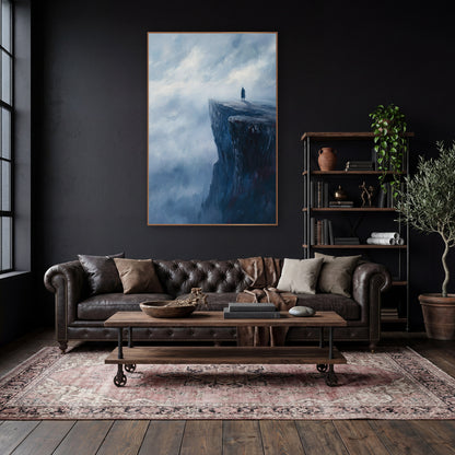 Lone Wanderer Cliff Edge Romantic wall art in a moody dark academia room – lone figure in a long coat standing