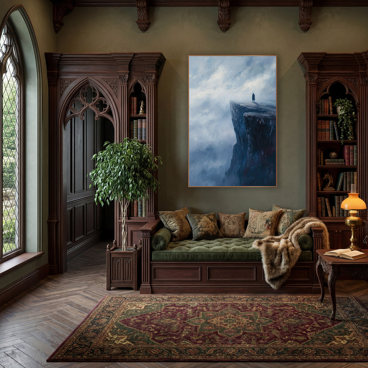 Lone Wanderer Cliff Edge Romantic wall art in a moody dark academia room – lone figure in a long coat standing