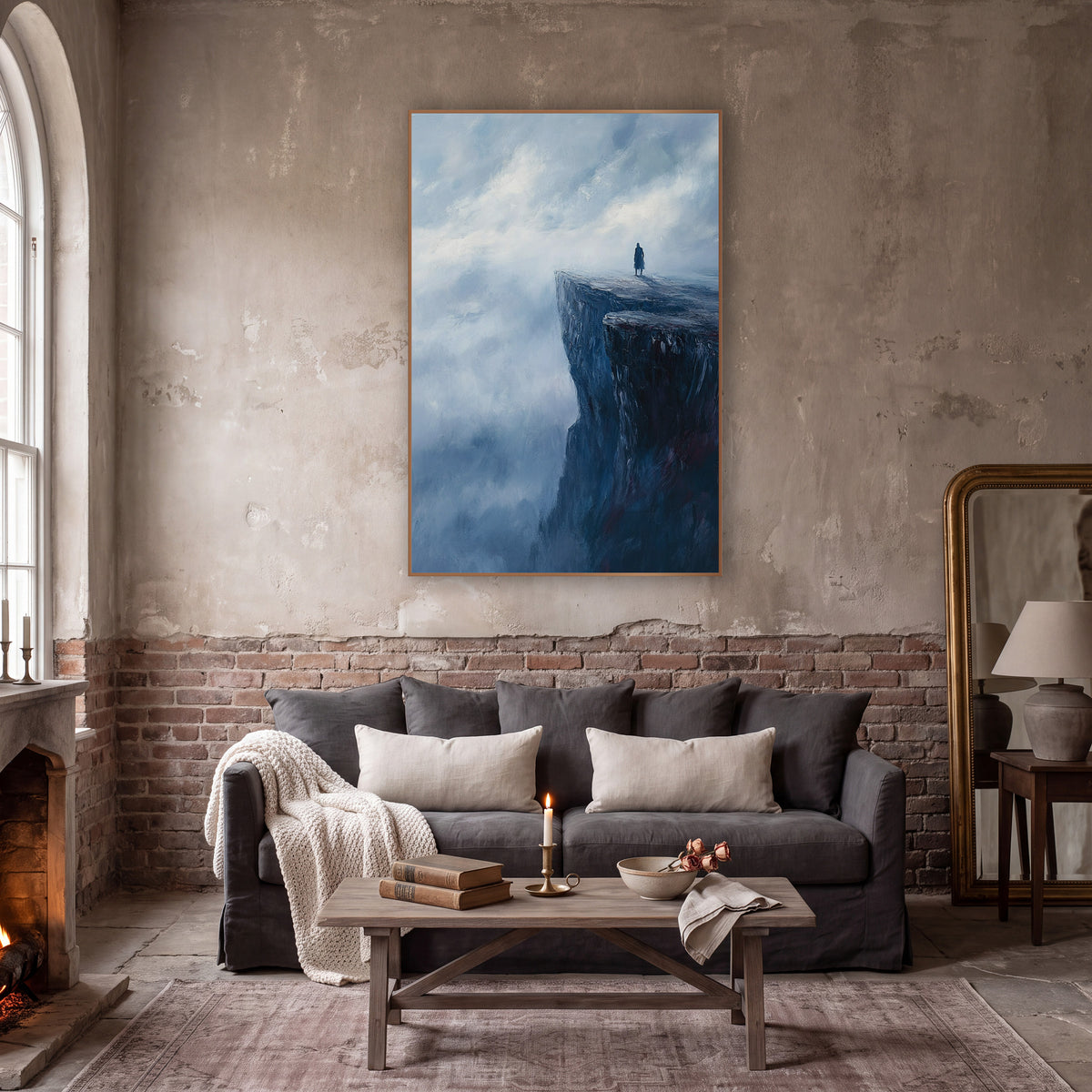 Lone Wanderer Cliff Edge Romantic wall art in a moody dark academia room – lone figure in a long coat standing
