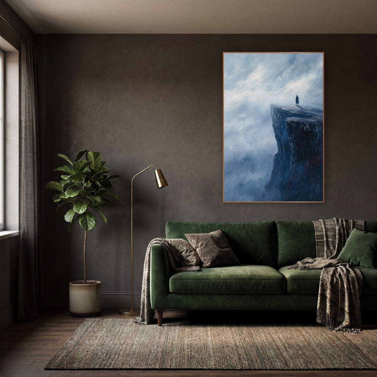 Lone Wanderer Cliff Edge Romantic wall art in a moody dark academia room – lone figure in a long coat standing