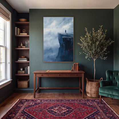 Lone Wanderer Cliff Edge Romantic wall art in a moody dark academia room – lone figure in a long coat standing