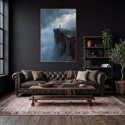 Lone Figure Misty Cliff Romantic Landscape wall art in a moody dark academia room – lone figure in a long coat