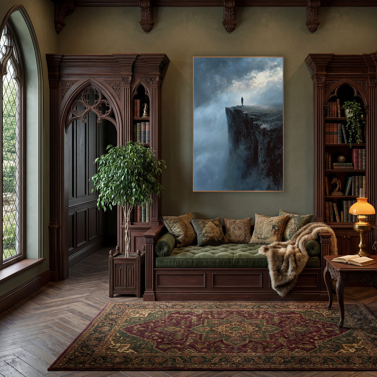 Lone Figure Misty Cliff Romantic Landscape wall art in a moody dark academia room – lone figure in a long coat